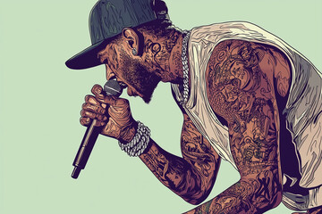 Talented male rapper performing passionately on stage with tattoos, captivating the audience during a lively music concert in an urban environment
