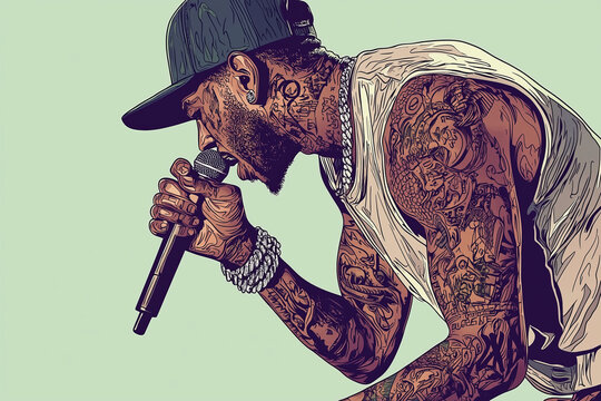Talented male rapper performing passionately on stage with tattoos, captivating the audience during a lively music concert in an urban environment