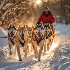 Naklejka premium Group of huskies and Malamutes pulling sled through snow in Alaska. Man driving sled appears blurred in background. Snow-covered landscape enhances action and energy. Snowy wild nature