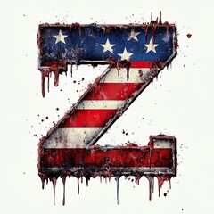 Grunge Letter Z with American Flag Texture, The letter Z painted with stars and stripes in an American flag theme, featuring a distressed grunge look and dripping paint.

