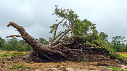 Obraz premium Storm-uprooted tree, field, cloudy day