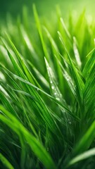 Fototapeta premium Macro shot of green grass blades with water drops, fresh natural texture, spring vegetation in soft sunlight, shallow depth of field