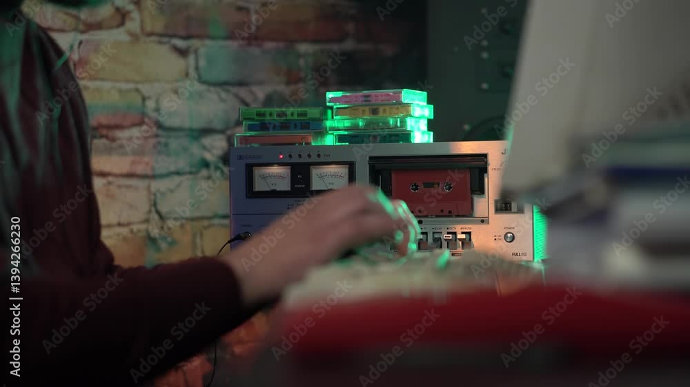 Aufkleber audio cassette tape playing in deck while man typing on keyboard of desktop computer from 1980's