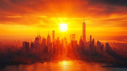 Fototapeta premium Fiery Orange Sunset Over City Skyline