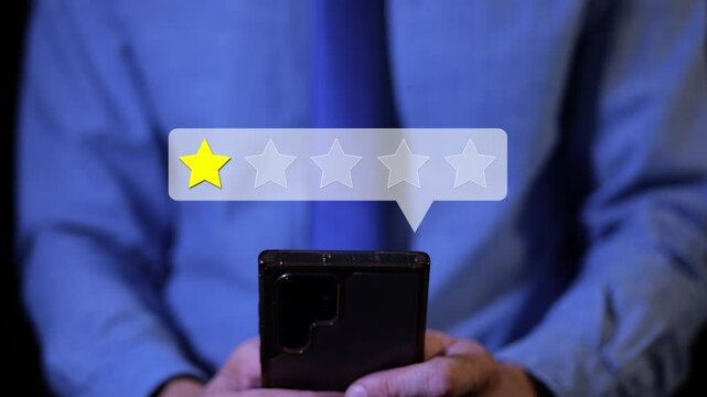 Animation rating system Unsatisfied customers leaving a one star bad review feedback with his smartphone to a service company