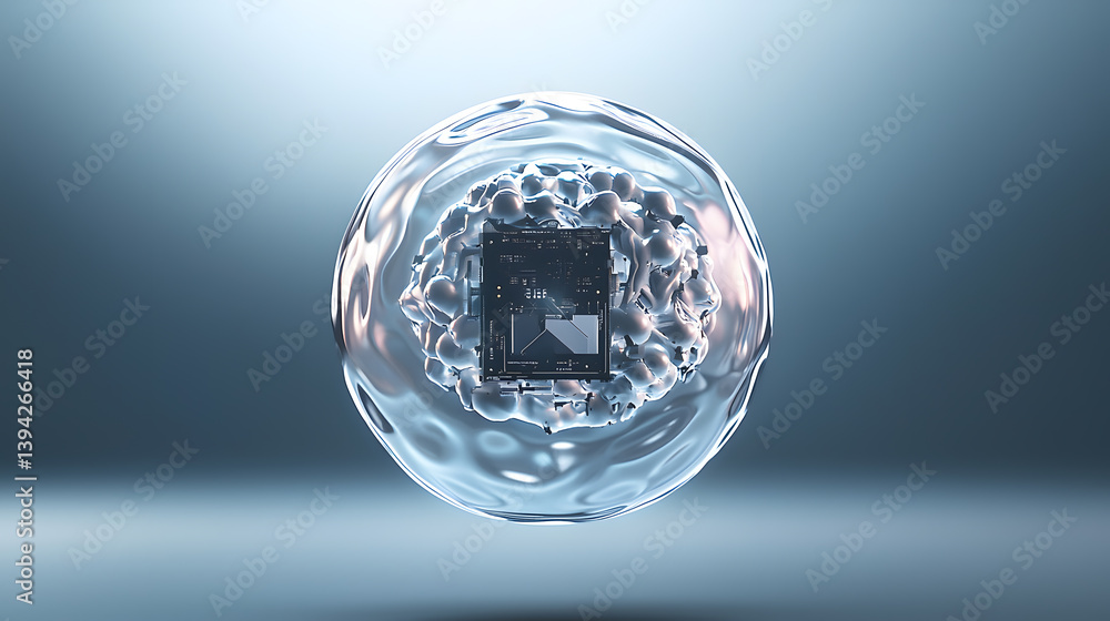 Poster high-resolution ai chip surrounded by a transparent cell science exhibition digital art futuristic c