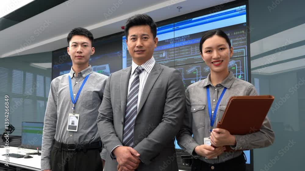 Poster professional worker team group administrator in engine control server room among rows of rack server