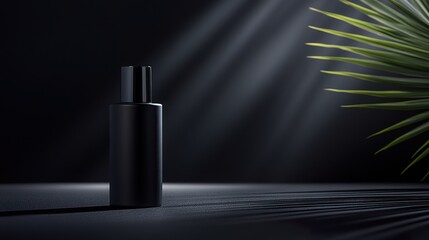 Obraz premium A sleek black bottle, positioned on a shadowy surface. Dramatic light rays create a sense of intrigue and highlighting a tropical fern. 