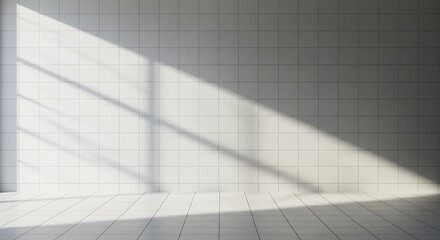 Empty white tile wall with shadow and rays of light