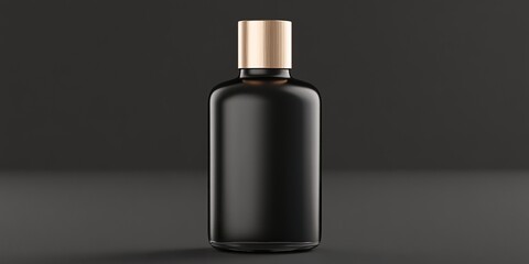Fototapeta premium A sleek black bottle with a golden cap stands out against a dark background, embodying elegance and sophistication in its minimalist design. 