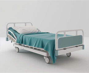 Modern hospital bed with adjustable settings and attached medical equipment in a clean, clinical environment. Ideal for illustrating healthcare, recovery, or hospital services