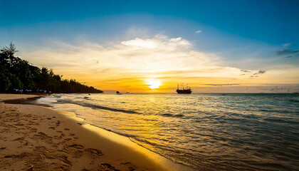 beach, sea sand and ship with sunset 