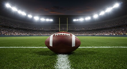 Opening season of games. Leather american football ball on grass of football field at stadium with spotlight	
