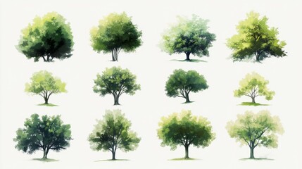 Collection of Green Trees Digital Painting Illustration