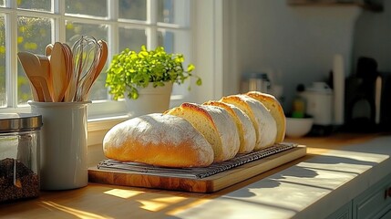 A light and airy kitchen scene with freshly baked bread cooling on a rack, warm sunlight streaming in on Mother Day
