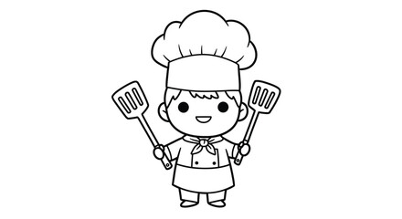 Chibi Chef Coloring Page with Tall Hat and Spatula - Simple Kitchen Character Outline