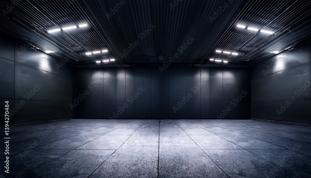 Poster dark empty room with concrete floor and ceiling light panels for product display or advertising mock