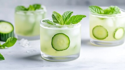 Three refreshing cucumber cocktails garnished with fresh mint leaves, served in clear glasses on a light marble surface, and summer beverage concept.