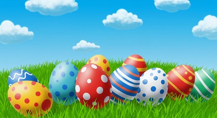 Colorful Decorated Easter Eggs in a Green Field Under a Blue Sky