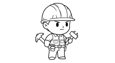 Simple Chibi Construction Worker Coloring Page - Hard Hat Character with Tool Outline