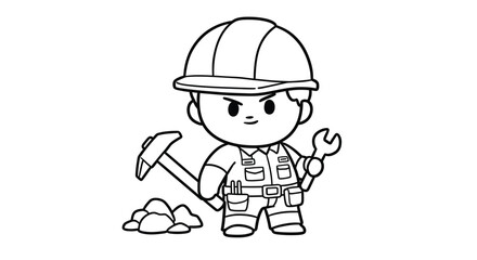 Chibi Construction Worker Coloring Page with Hard Hat & Tool - Kids Building Fun Outline