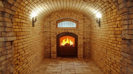 Fototapeta premium Cozy brick cellar with fireplace and arched ceiling.