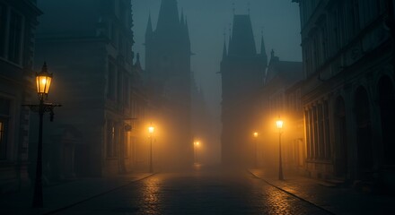 Foggy alley with vintage street lights