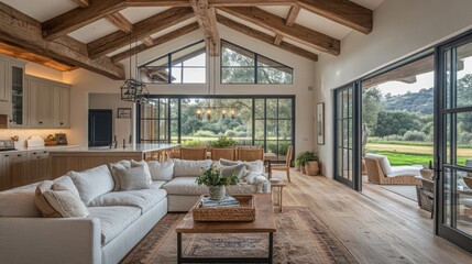 Spacious Modern Farmhouse Living Room with Wooden Beams