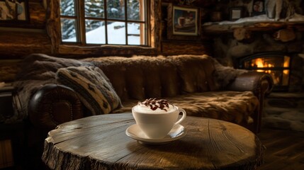 Cozy cabin interior with a cup of cappuccino on a wooden coffee table, near a fireplace and sofa.