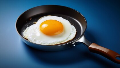 深いブルー背景に、フライパンで焼かれた目玉焼きのパリッとした卵白と滑らかな卵黄が強調されたクローズアップ

