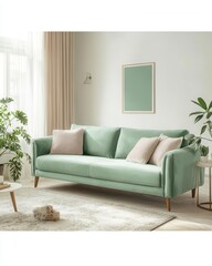 Modern mint green sofa with decorative pillows in a bright living room featuring plants and art