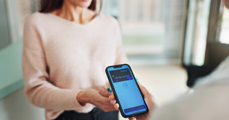 Contactless, payment and phone screen with people in store for nfc transaction for optometry. Account, hands and tap to pay with customer at optometrist for ecommerce, money transfer or purchase