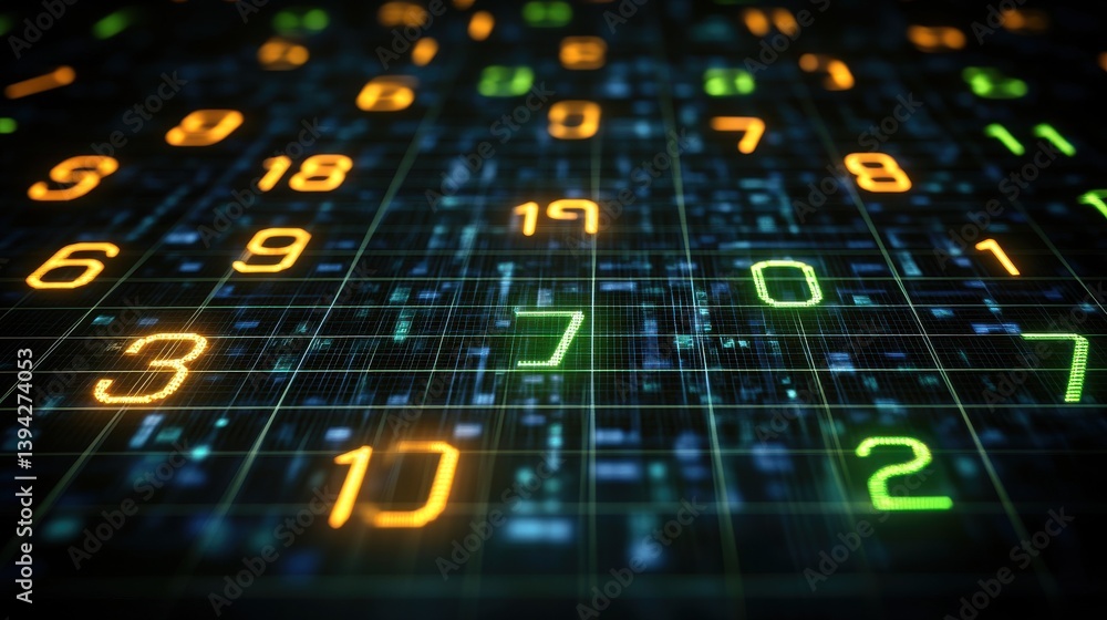 Poster colorful digital numbers and matrix background for data analysis, science, technology, and futuristi