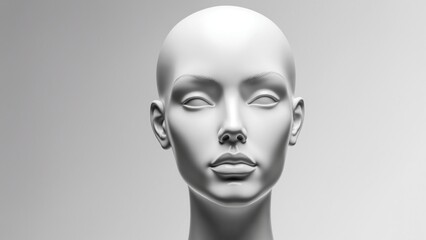 A white plastic mannequin head, a 3D abstract sculpture of a woman's face, isolated