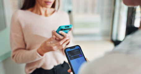 Fintech, payment and phone screen with people in optometry store for nfc transaction. Hands,...