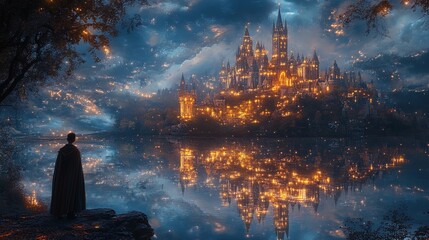 A beautiful enchanted mirror reflecting a magical kingdom, with glowing castles and fairytale creatures