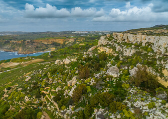 Drone day view of green hills and fields, sea. Nature landscape of  Malta island