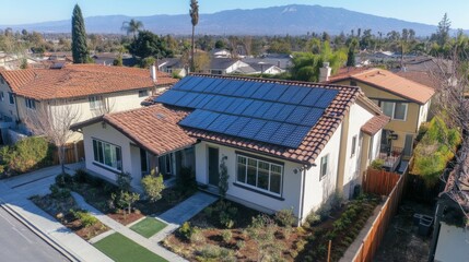 Aerial View of a House with Solar Panels on a Sunny Day