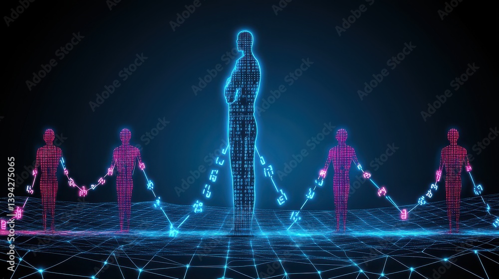Poster digital representation of a networked human figure with glowing outlines and chains connecting indiv