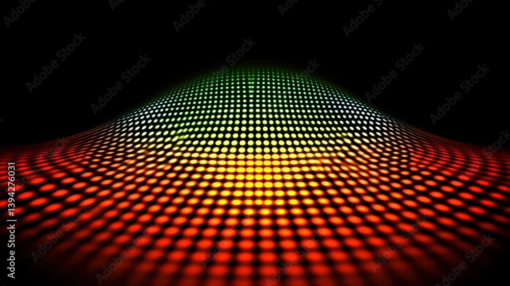 Poster abstract background of colorful dots creating a wave pattern in red, green, yellow, and white on bla