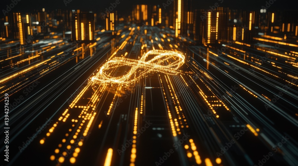 Poster abstract glowing infinity symbol in futuristic digital landscape with illuminated lines and dots in 