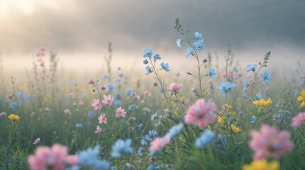 Dreamy wildflower field pastel colors representing serenity with morning mist