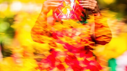 Obraz premium Vibrant Dance Performer in Colorful Costume with Motion Blur Capturing the Essence of Celebration and Joy
