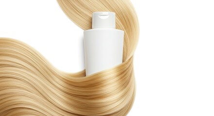 Promoting Hair Care Product with Blonde Hair Strand and White Bottle