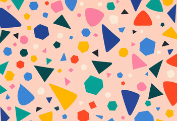 Chaotic abstract background made of sharp-edged, random geometric shapes in solid bold colors. Flat, vector-style with no gradients or soft effects