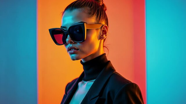 Contemporary fashion portrait of woman in sunglasses and black suit with neon light