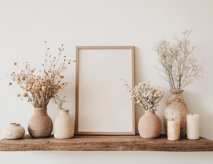 Displaying Dried Flowers and Blank Frame on Rustic Wooden Shelf