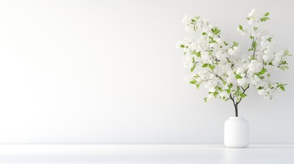 A white vase with delicate blossoming branches on a minimalist white table, simple and elegant floral arrangement, and bright and airy indoor setting.