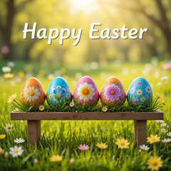 Six Painted Easter Eggs Celebrating Happy Easter on a Spring Day with Green Grass, Bright Sunlight, Wooden Bench, and Warm Colour Background



