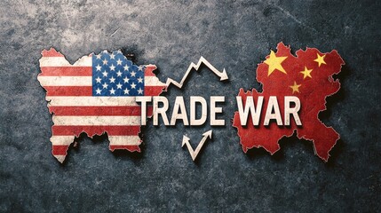 Minimalist design of the shapes of the United States and China as their flags, fractured by a central line with a declining arrow and the text "TRADE WAR" starkly displayed. Copy space for Stockphoto